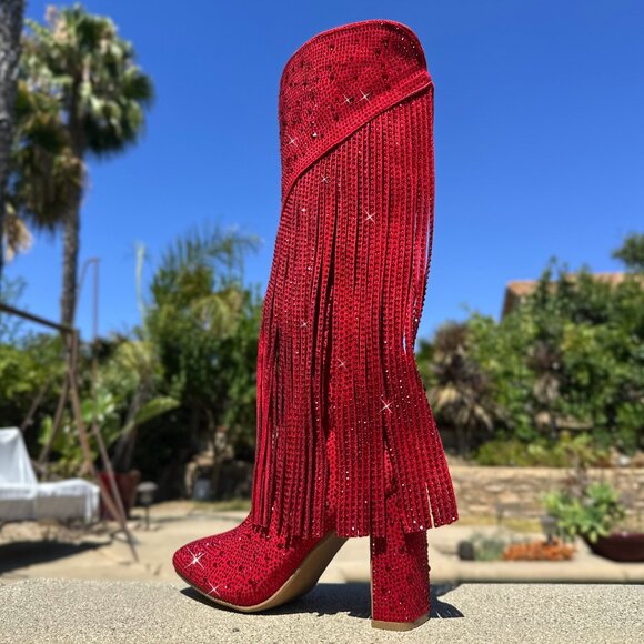 New Red Rhinestone Crystal Fringe Western Cowboy/Cowgirl Boot Knee High Heel Zip - Picture 5 of 7